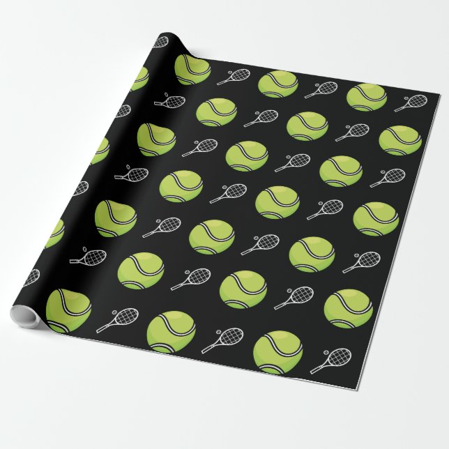 Papier Cadeau Green Tennis Balls et raquettes Athlète Sport Blan (Déroulé)