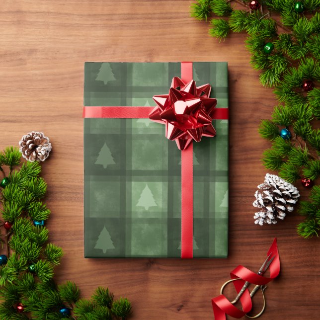 Papier Cadeau Green Textured Plaid With Fir Trees Christmas (Cadeau de vacances)