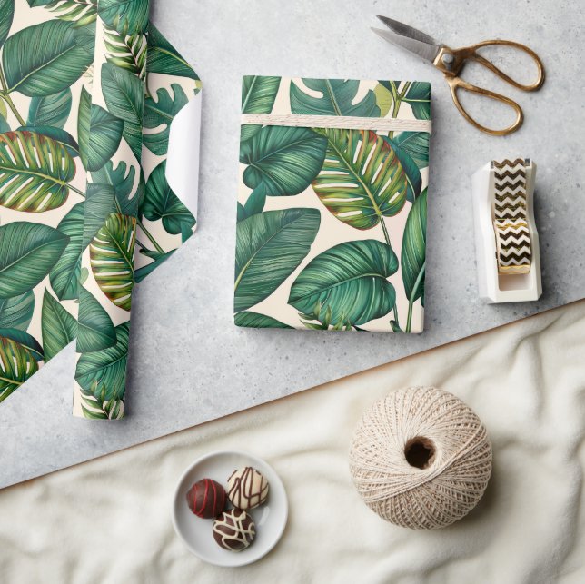 Papier Cadeau Green & Turquoise Palm Monstera Tropical Feuille M (Artisanat)