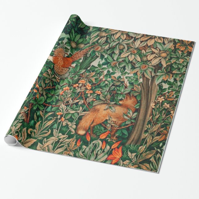 Papier Cadeau GREENERY, FOREST ANIMALS Pheasant, Fox, Green Flor (Déroulé)