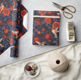 Papier Cadeau Grenade et colibris/feuilles bleus sur noir