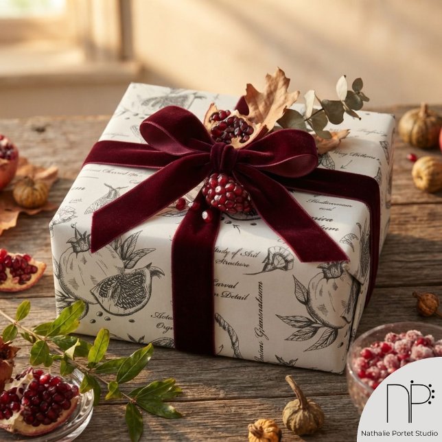 Papier Cadeau Grenade et papillon de Méditerranée (Elegant hand-drawn vintage pomegranate and European moth study in gray ink for nature lover)