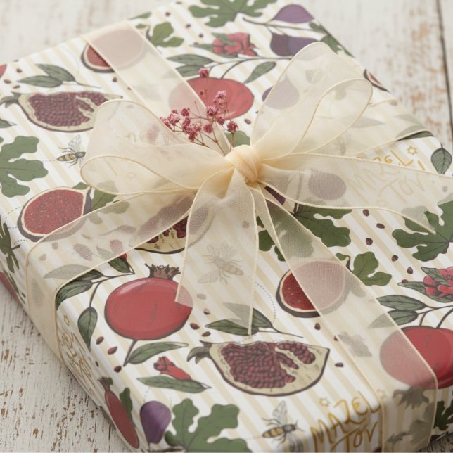 Papier Cadeau Grenades, Figues, Abeilles à Miel Mazel Tov Juifs (Elegant Jewish Mazel Tov Wrapping Paper. Butter Yellow Stripes Pattern with Pomegranate Fruit & Figs)
