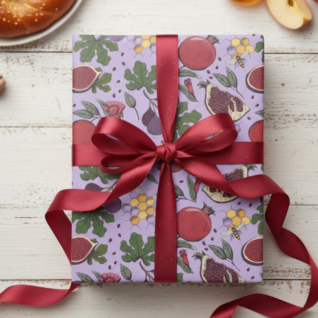 Papier Cadeau Grenades, Figues et Abeilles Violettes (Purple and Red Jewish Rosh Hashanah Gift Wrap. Elegant Pomegranate & Fig Fruit & Honey Bees Pattern)