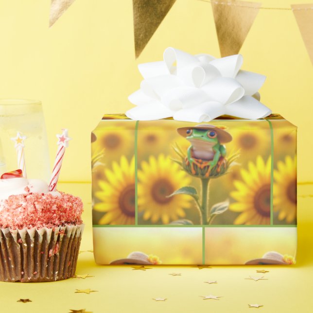 Papier Cadeau Grenouille portant une paille Casquette sur un bou (Fête d'anniversaire)