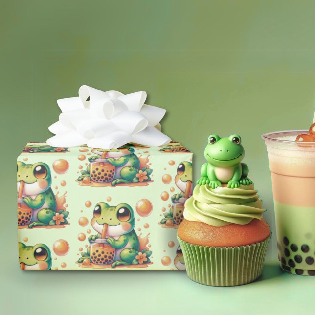 Papier Cadeau Grenouille verte et thé à bulle orange Boba (Créateur téléchargé)