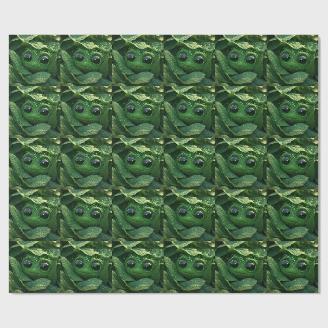 Papier Cadeau Grenouille verte mignonne cachée dans des feuilles (Plat)