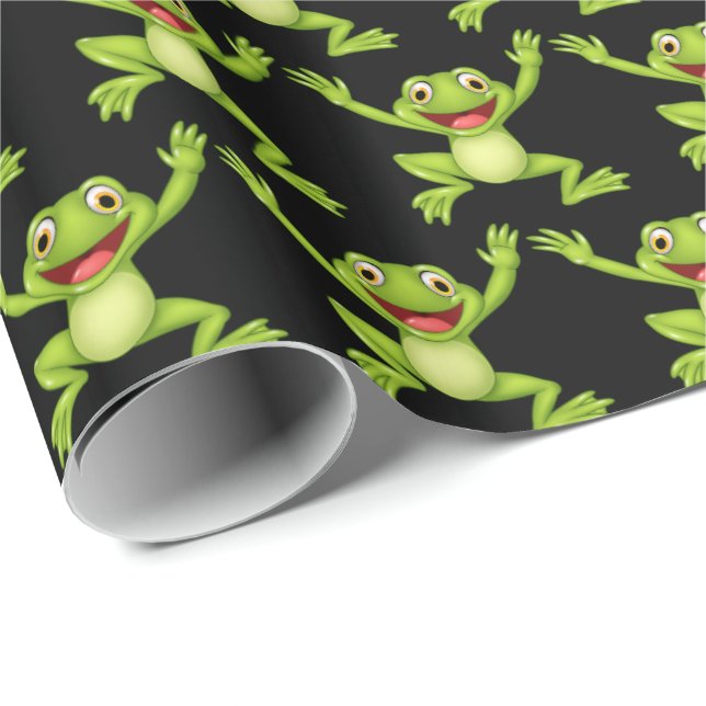 Papier Cadeau Grenouilles en saut sur le noir (Coin rond)