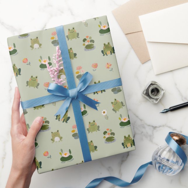 Papier Cadeau Grenouilles et nénuphars sur fond vert gin (Cadeaux)