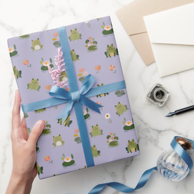 Papier Cadeau Grenouilles et nénuphars sur gris-violet pâle (Cadeaux)