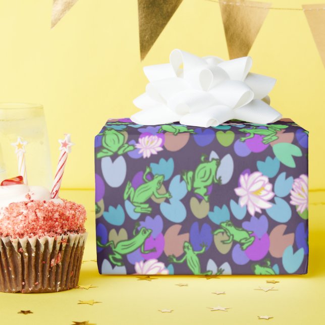 Papier Cadeau Grenouilles vertes et coussinets de Lily sur bleu  (Fête d'anniversaire)