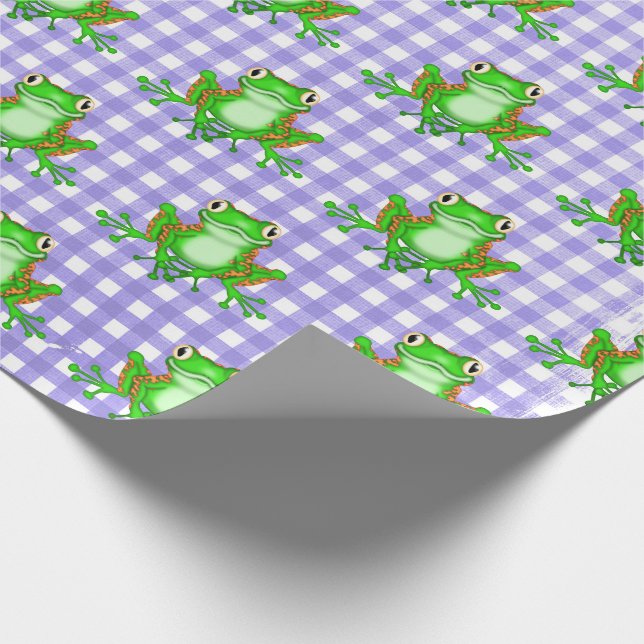 Papier Cadeau Grenouilles vertes sur En vichy pourpre (Coin)