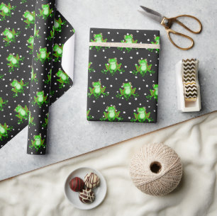 Papier Cadeau Grenouilles Vertes Sur Points Polka