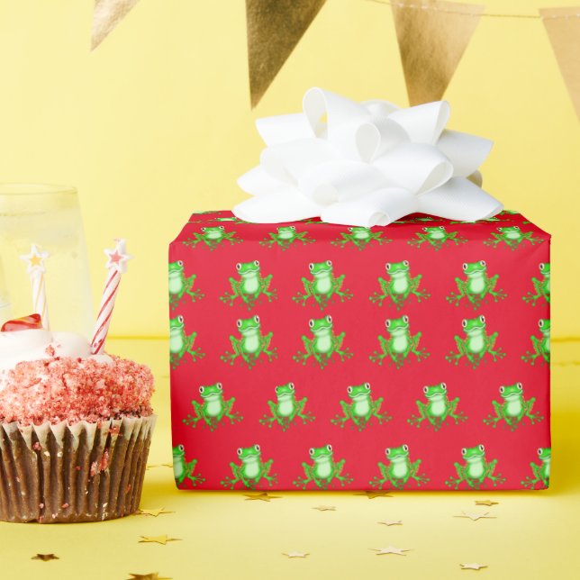 Papier Cadeau grenouilles vertes sur rouge (Fête d'anniversaire)