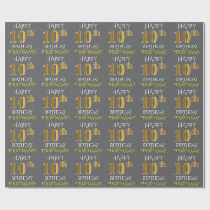 Papier Cadeau Grey, Faux Gold "HAPPY 10th BIRTHDAY"