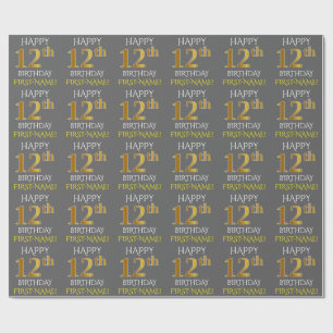 Papier Cadeau Grey, Faux Gold "HAPPY 12th BIRTHDAY"