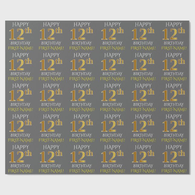 Papier Cadeau Grey, Faux Gold "HAPPY 12th BIRTHDAY" (Plat)