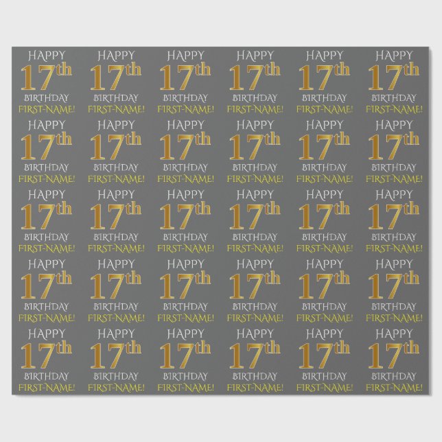 Papier Cadeau Grey, Faux Gold "HAPPY 17th BIRTHDAY" (Plat)