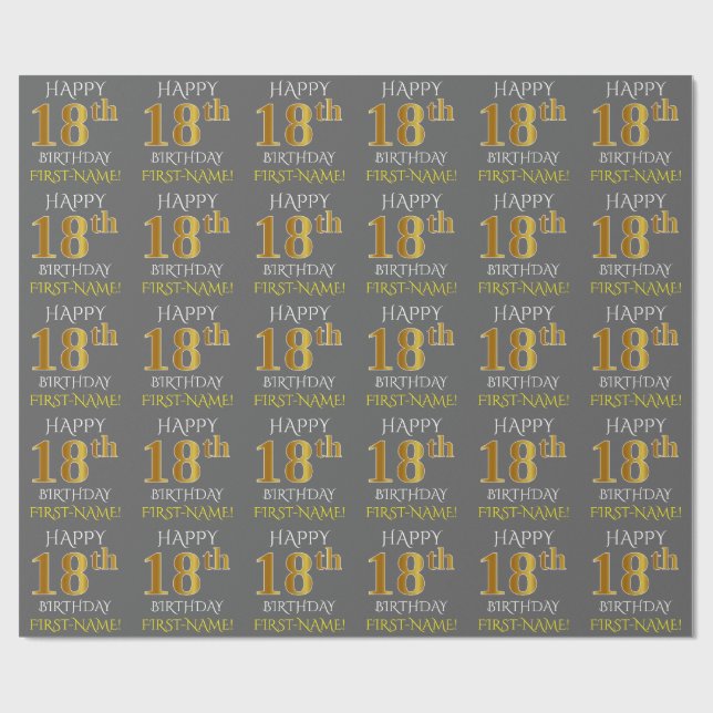 Papier Cadeau Grey, Faux Gold "HAPPY 18th BIRTHDAY" (Plat)