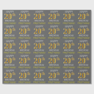 Papier Cadeau Grey, Faux Gold "HAPPY 20th BIRTHDAY"