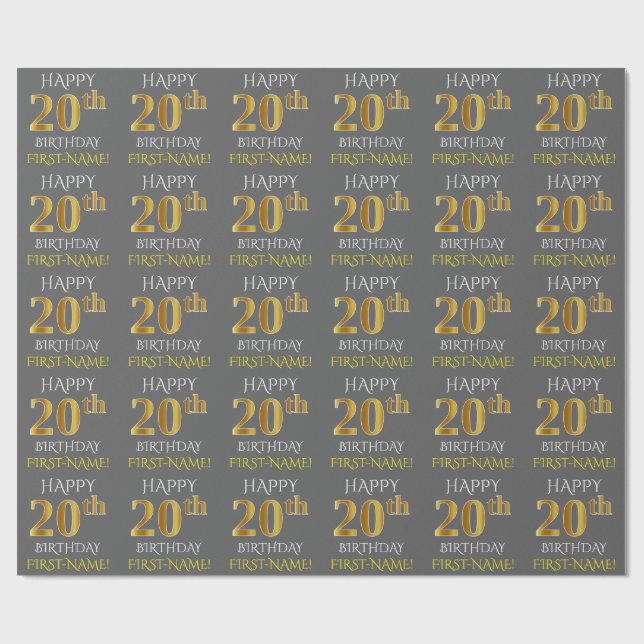 Papier Cadeau Grey, Faux Gold "HAPPY 20th BIRTHDAY" (Plat)