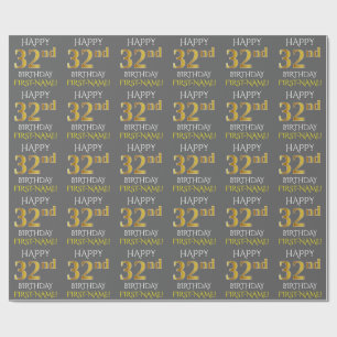 Papier Cadeau Grey, Faux Gold "HAPPY 32nd BIRTHDAY"