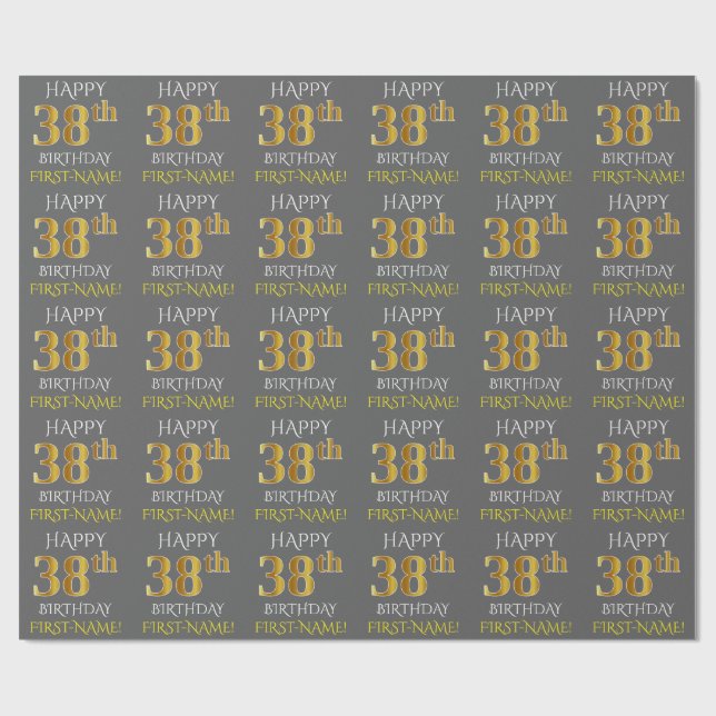 Papier Cadeau Grey, Faux Gold "HAPPY 38th BIRTHDAY" (Plat)