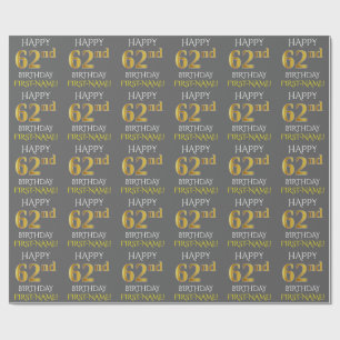 Papier Cadeau Grey, Faux Gold "HAPPY 62nd BIRTHDAY"