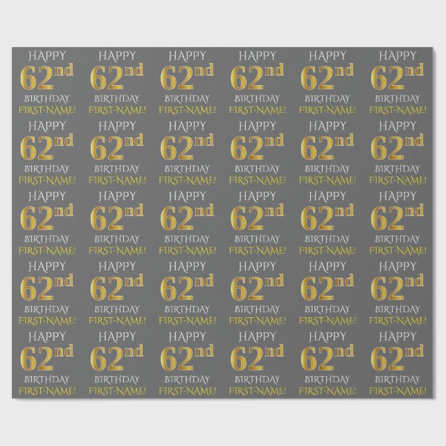 Papier Cadeau Grey, Faux Gold "HAPPY 62nd BIRTHDAY" (Plat)