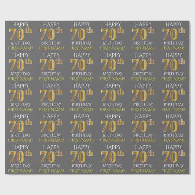 Papier Cadeau Grey, Faux Gold "HAPPY 70th BIRTHDAY" (Plat)