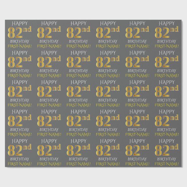 Papier Cadeau Grey, Faux Gold "HAPPY 82nd BIRTHDAY" (Plat)