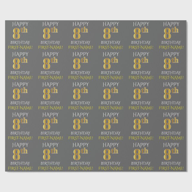 Papier Cadeau Grey, Faux Gold "HAPPY 8th BIRTHDAY" (Plat)