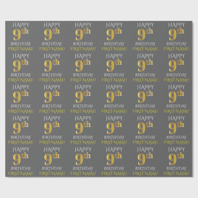 Papier Cadeau Grey, Faux Gold "HAPPY 9th BIRTHDAY" (Plat)