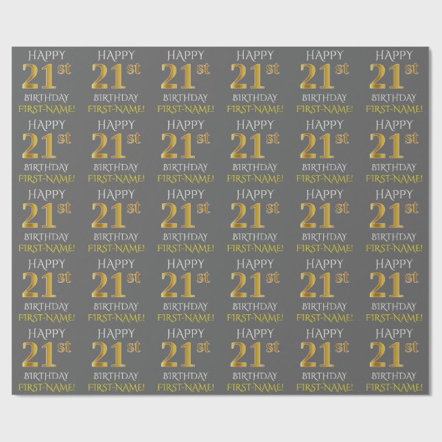 Papier Cadeau Grey, Faux Gold "HEUREUX 21e ANNIVERSAIRE" (Plat)