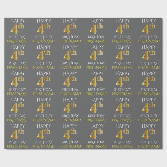 Papier Cadeau Grey, Faux Gold "HEUREUX 4e anniversaire" (Plat)