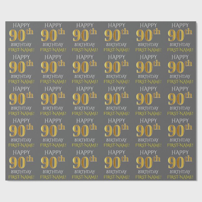 Papier Cadeau Grey, Faux Gold "HEUREUX 90e anniversaire" (Plat)