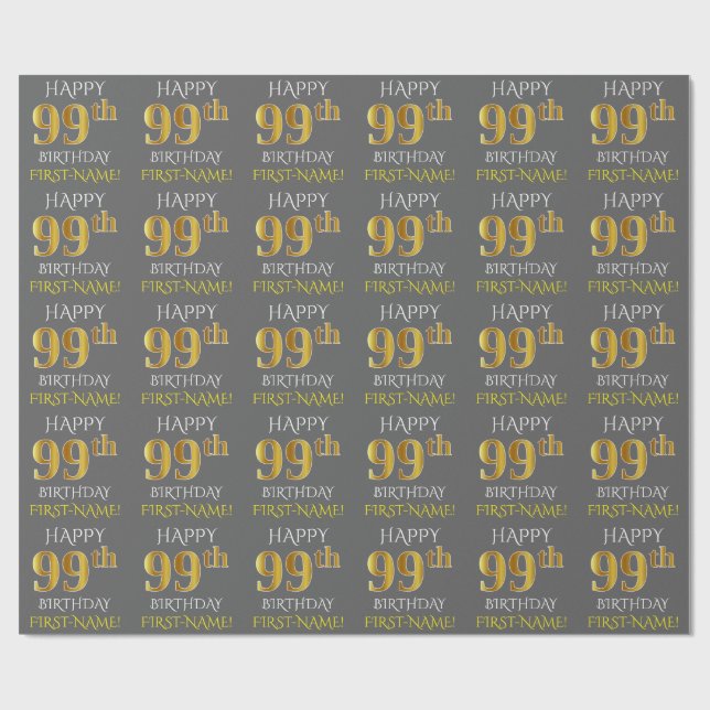 Papier Cadeau Grey, Faux Gold "HEUREUX 99e ANNIVERSAIRE" (Plat)