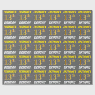 Papier Cadeau Grey, Faux/Imitation Gold, "13e anniversaire"