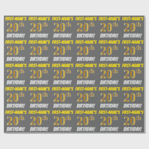 Papier Cadeau Grey, Faux/Imitation Gold, "20e ANNIVERSAIRE"