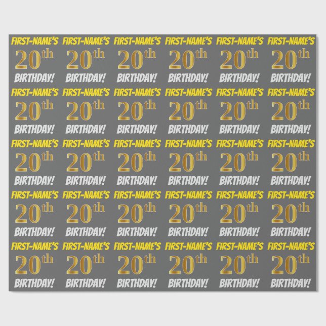 Papier Cadeau Grey, Faux/Imitation Gold, "20e ANNIVERSAIRE" (Plat)