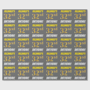 Papier Cadeau Grey, Faux/Imitation Gold, "32e ANNIVERSAIRE"