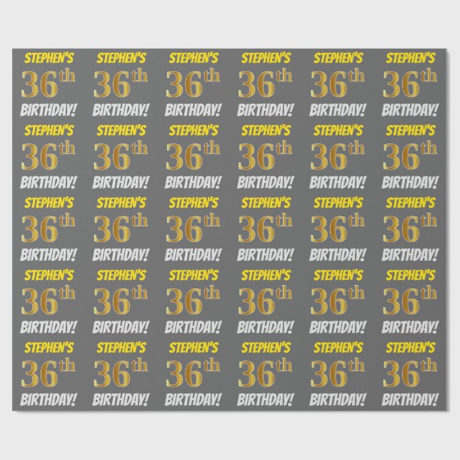 Papier Cadeau Grey, Faux/Imitation Gold, "36e ANNIVERSAIRE" (Plat)
