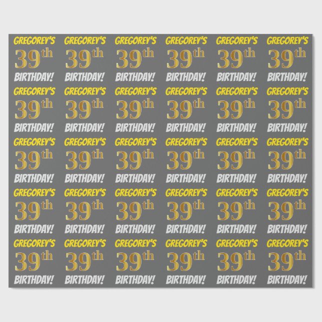 Papier Cadeau Grey, Faux/Imitation Gold, "39e ANNIVERSAIRE" (Plat)