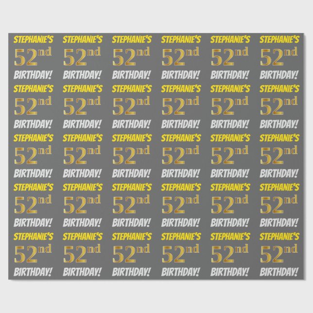 Papier Cadeau Grey, Faux/Imitation Gold, "52e anniversaire" (Plat)