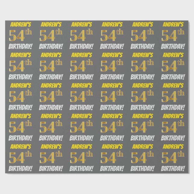Papier Cadeau Grey, Faux/Imitation Gold, "54e anniversaire" (Plat)