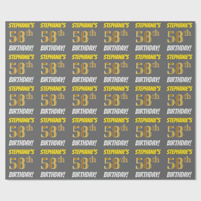 Papier Cadeau Grey, Faux/Imitation Gold, "58e ANNIVERSAIRE" (Plat)