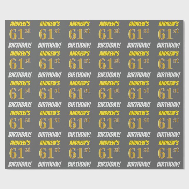 Papier Cadeau Grey, Faux/Imitation Gold, "61e ANNIVERSAIRE" (Plat)