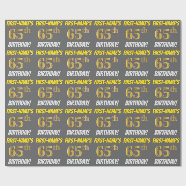 Papier Cadeau Grey, Faux/Imitation Gold, "65e anniversaire" (Plat)