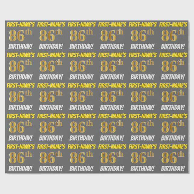Papier Cadeau Grey, Faux/Imitation Gold, "86e ANNIVERSAIRE" (Plat)