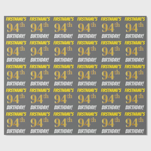 Papier Cadeau Grey, Faux/Imitation Gold, "94e anniversaire" (Plat)